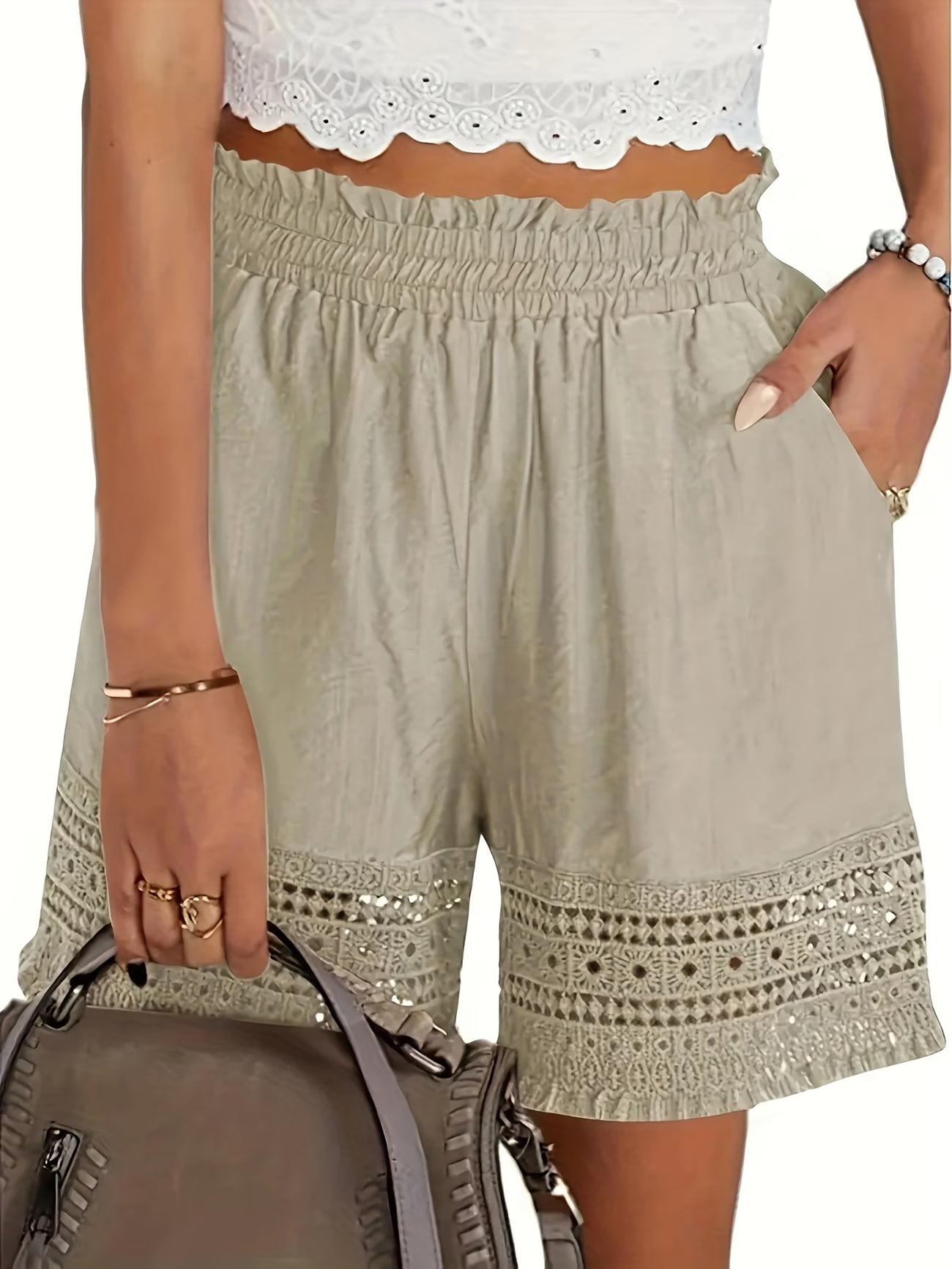 Women's Lace-Trimmed Slant Pocket Tailored Shorts in Beige, Black, Blue & White — Elegant Lightweight Summer Shorts with Romantic Detail | Koossa