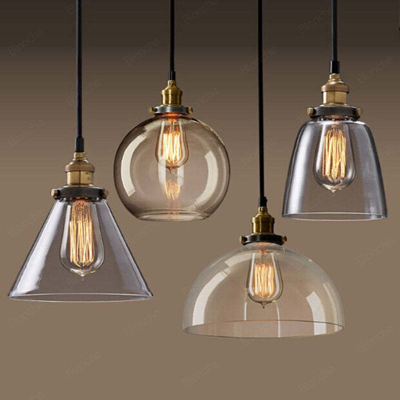 Industrial Glass Shade Hanging Pendant Light Metal Fixture Adjustable Cord Ceiling Lighting for Kitchen Dining Room Bedroom Clear Amber | Lonoma