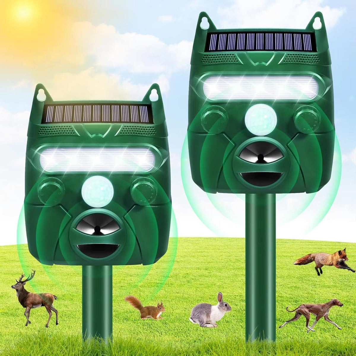 Outdoor Solar Pest Deterrent Motion Activated Ultrasonic Animal Repeller Waterproof for Yard Garden Lawn Protection Against Deer Raccoons | Lonoma