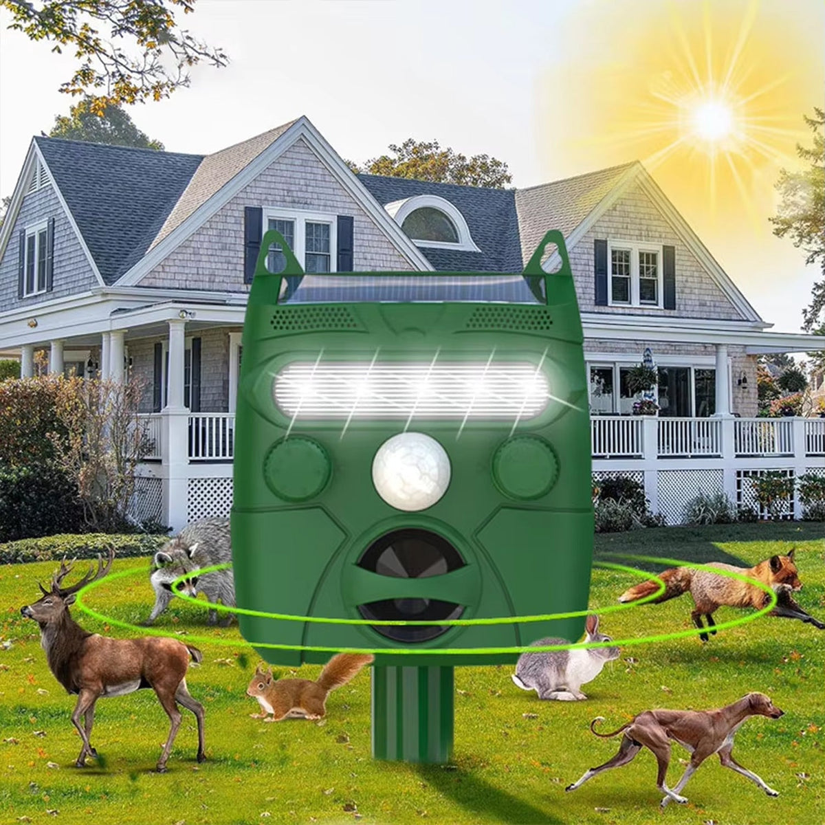 Outdoor Solar Pest Deterrent Motion Activated Ultrasonic Animal Repeller Waterproof for Yard Garden Lawn Protection Against Deer Raccoons | Lonoma