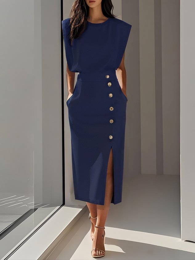 Women's Button-Detail Sleeveless Midi Dress in Beige, Black, Blue | Koossa
