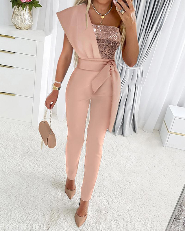 Women's Sequin One-Shoulder Jumpsuit — Elegant Wide-Leg Occasion Jumpsuit for Evening Events & Parties | Koossa