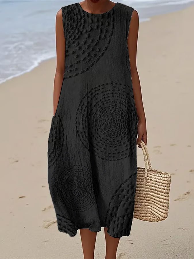 Women's Embroidered Midi Dress Sleeveless A-Line Round Neck Cotton Summer Garden Party Relaxed Elegant Feminine Flattering Textured Detailing | Koossa