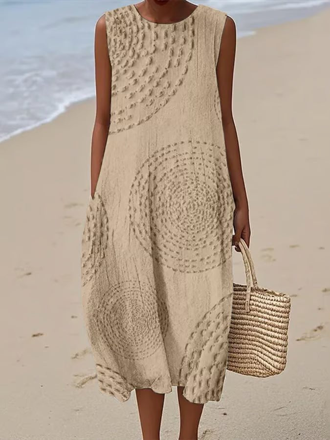 Women's Embroidered Midi Dress Sleeveless A-Line Round Neck Cotton Summer Garden Party Relaxed Elegant Feminine Flattering Textured Detailing | Koossa