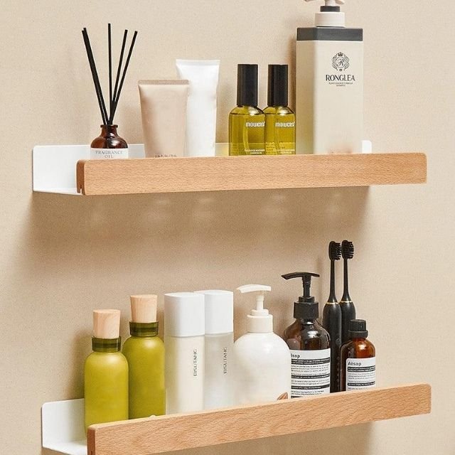 Étagère murale salle de bain en bois massif sans perçage – Finition naturelle résistante à l'humidité | Koossa