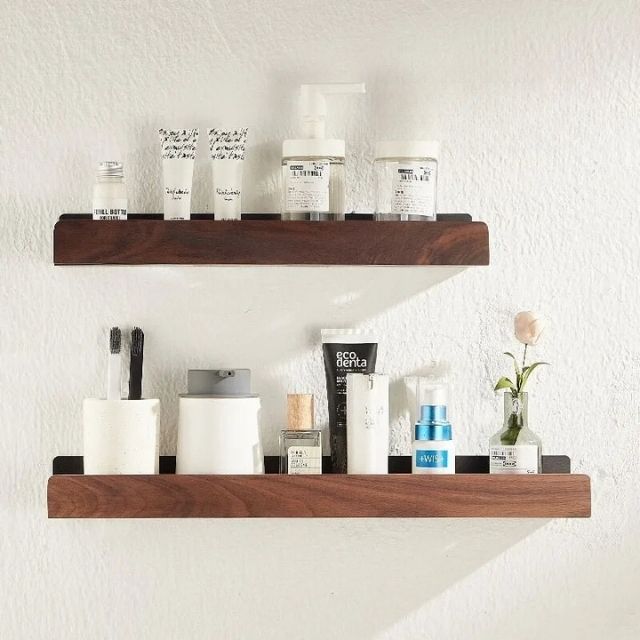 Étagère murale salle de bain en bois massif sans perçage – Finition naturelle résistante à l'humidité | Koossa