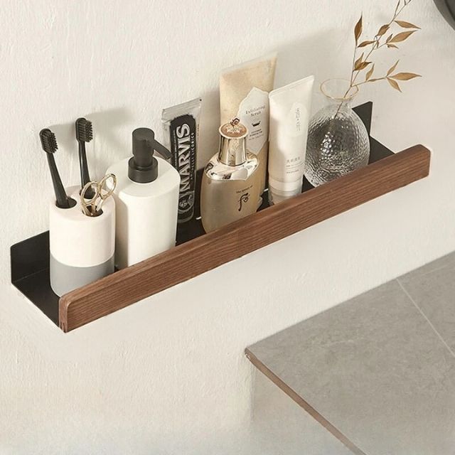 Étagère murale salle de bain en bois massif sans perçage – Finition naturelle résistante à l'humidité | Koossa