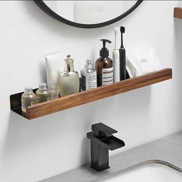 Étagère murale salle de bain en bois massif sans perçage – Finition naturelle résistante à l'humidité | Koossa