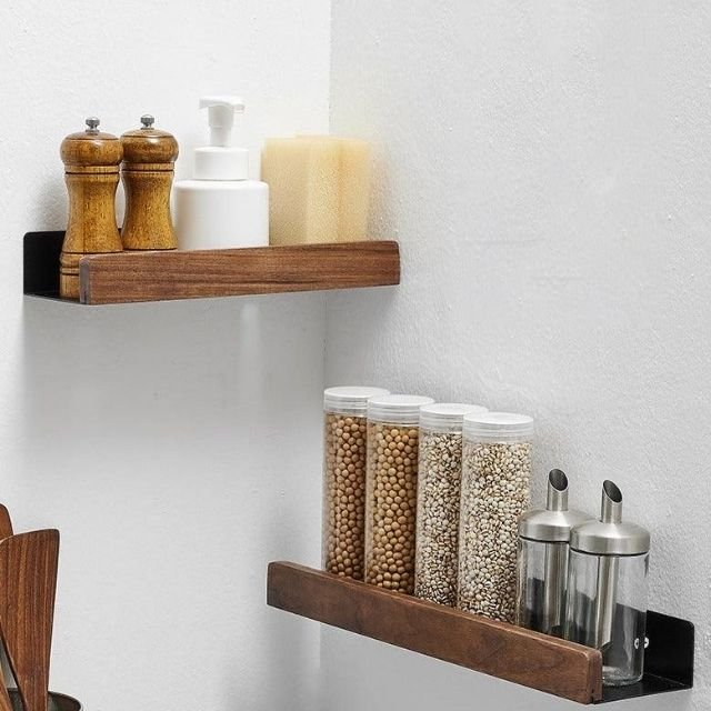 Étagère murale salle de bain en bois massif sans perçage – Finition naturelle résistante à l'humidité | Koossa