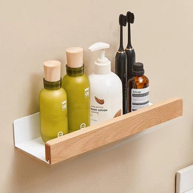 Étagère murale salle de bain en bois massif sans perçage – Finition naturelle résistante à l'humidité | Koossa