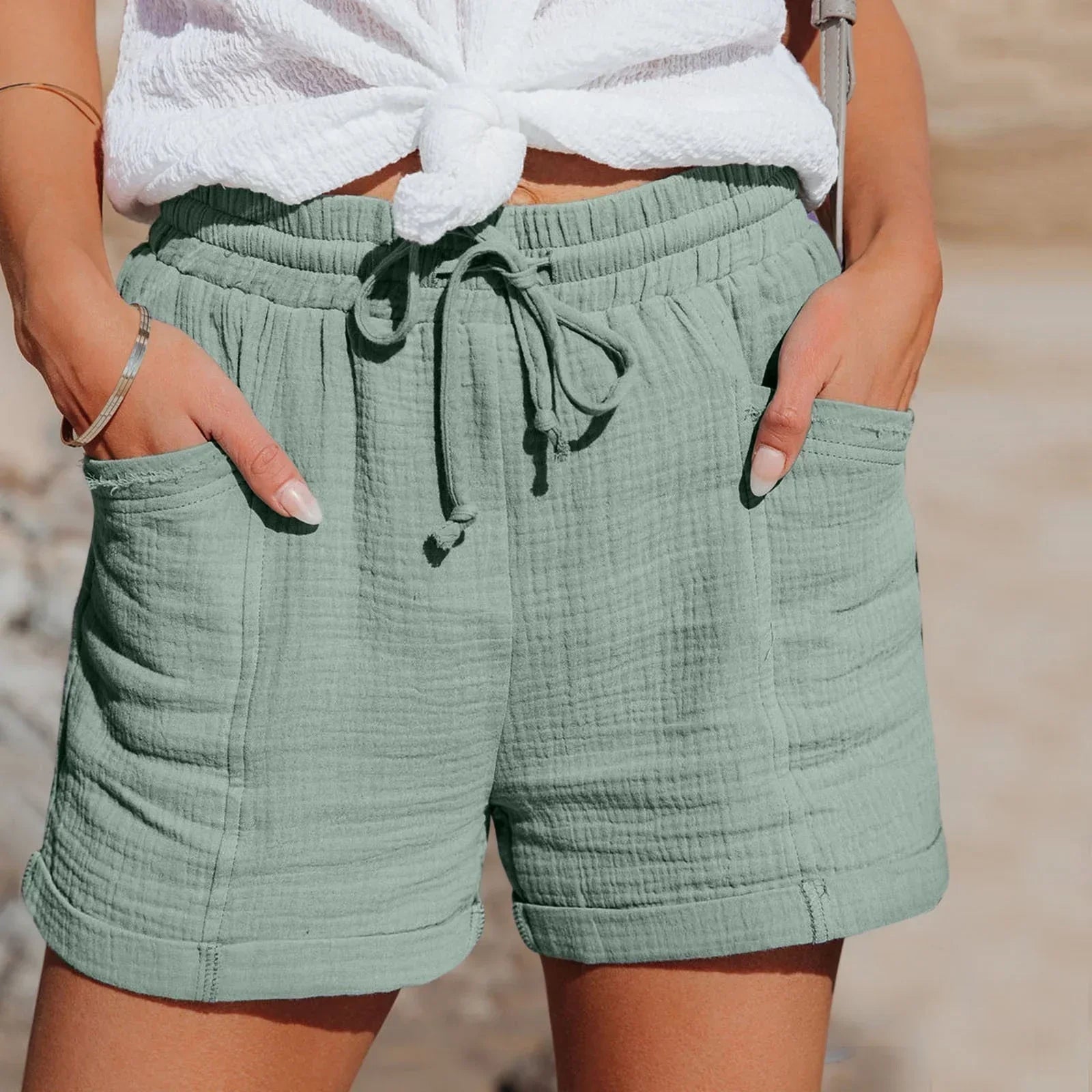 Women's Linen-Blend Drawstring Shorts in Summer Pastels — Relaxed Fit with Elasticated Waistband for Holiday Beach Casual Weekend Wear | Koossa