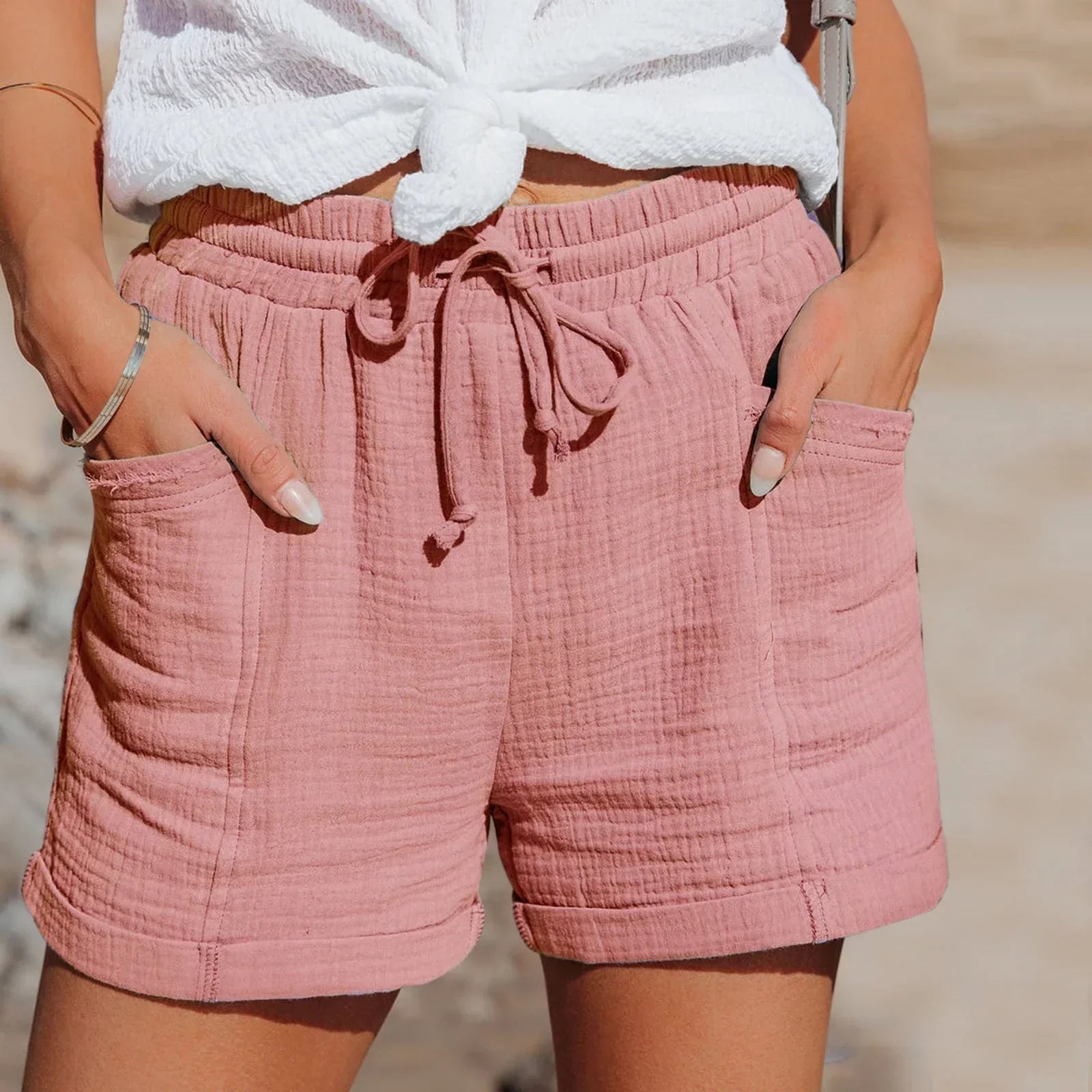 Women's Linen-Blend Drawstring Shorts in Summer Pastels — Relaxed Fit with Elasticated Waistband for Holiday Beach Casual Weekend Wear | Koossa