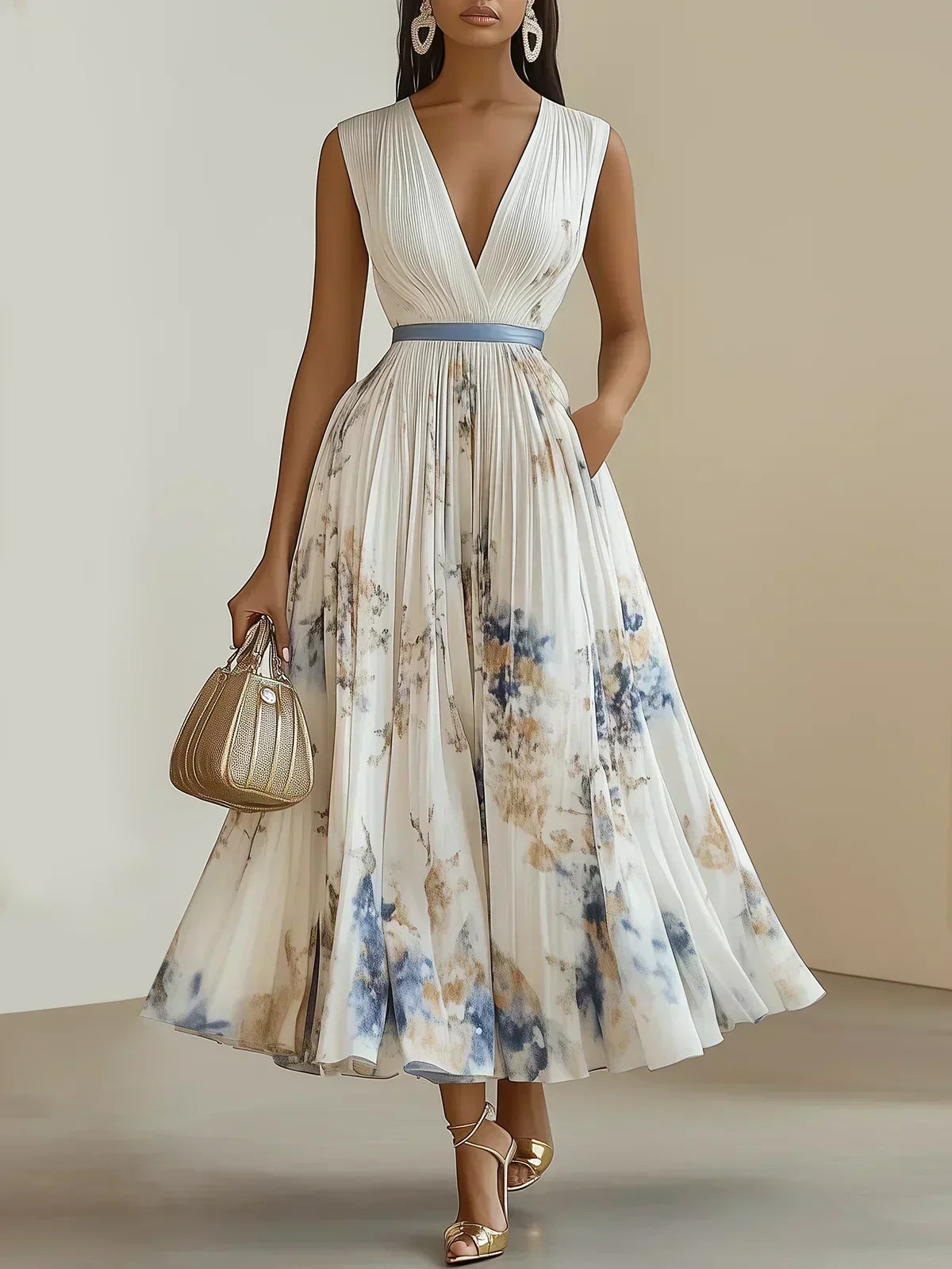 Women's Sleeveless Wrap Maxi Dress with V-Neckline in Soft Pastel Tones for Garden Parties and Summer Occasions | Koossa