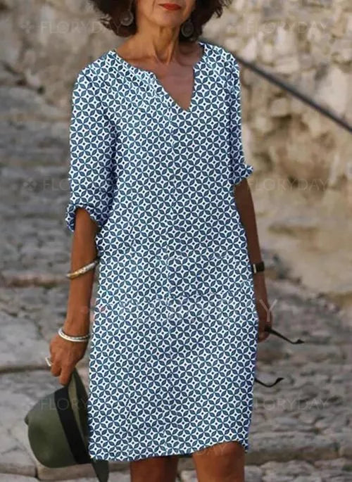 Women's Split-Neck Linen Midi Dress – Relaxed Summer Style for Garden Parties and Warm-Weather Occasions | Koossa