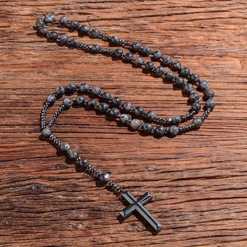 Beaded Stone Necklace for Men with Cross Pendant – Natural Gemstone Jewelry for Everyday Wear, Meditation & Mindfulness | Lonoma