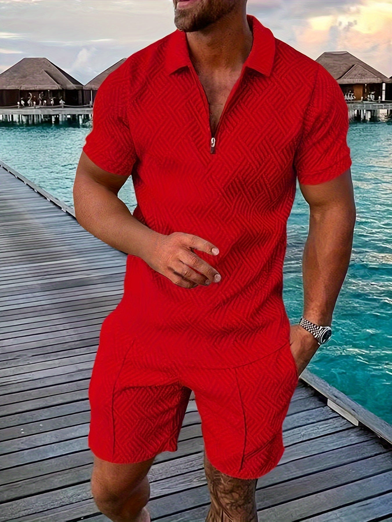 Men's Geometric Short-Sleeve Shirt and Shorts Co-Ord Set in Cotton Blend with Zip Collar for Smart Casual Summer Leisure | Koossa