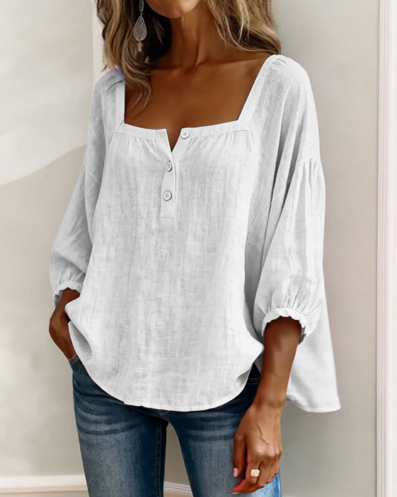 Women's Square Neck Puff Sleeve Blouse in Cotton Blend – Classic Feminine Wardrobe Essential for Every Season | Koossa