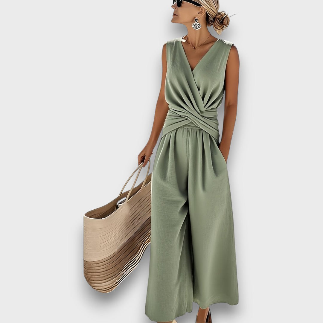 Women's Sage Green Sleeveless Jumpsuit — Elegant Summer Jumpsuit for Holidays & Garden Parties | Koossa