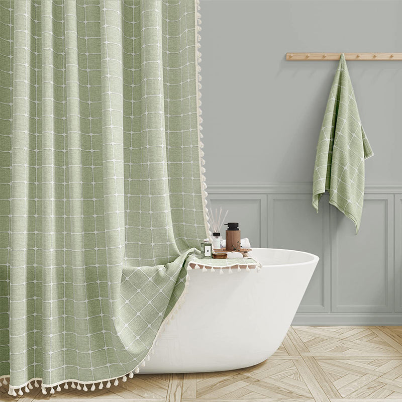 Rideau de Douche en Lin Tissé Imperméable avec Franges Bohème 180×200 cm Salle de Bains Beige à Carreaux | Koossa