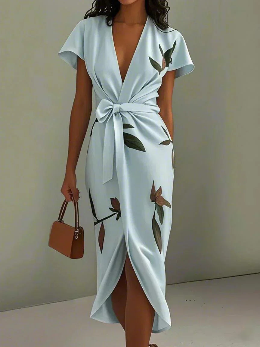 Women's Floral Wrap Midi Dress in Soft Drape Fabric with Leaf Print for Garden Parties Summer Weddings Afternoon Tea | Koossa