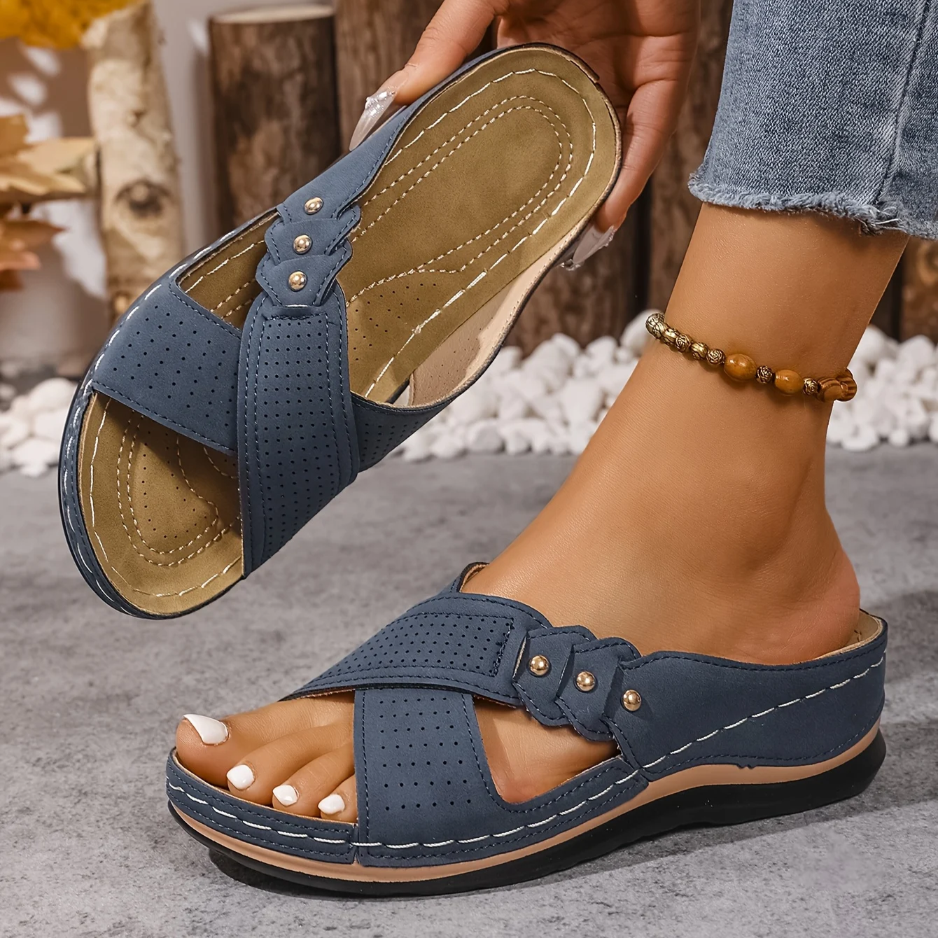 Women's Supportive Wedge Sandals with Cushioned Footbed in Blue, Pink, Brown & Black | Koossa