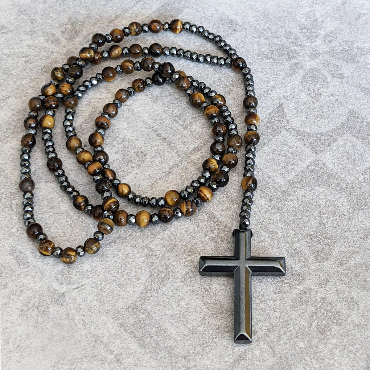 Natural Stone Rosary Necklace with Cross Pendant for Men – Tiger Eye, Lapis Lazuli, Jasper – Adjustable Length Beaded Chain | Lonoma