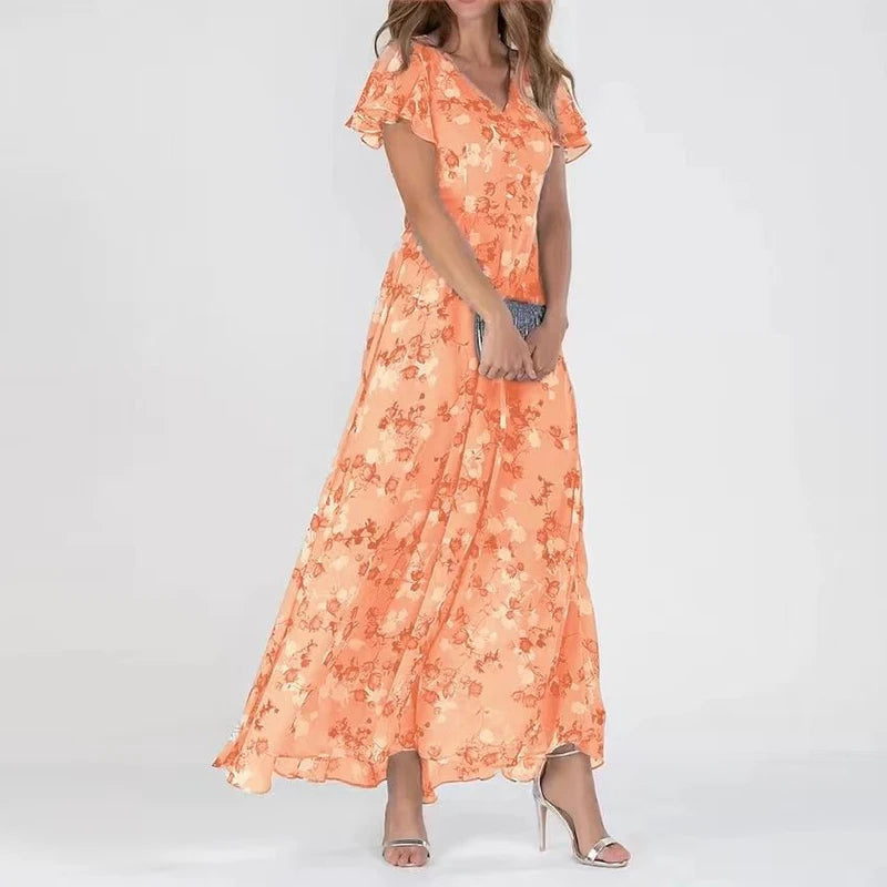 Women's Floral Midi Dress with Short Sleeves in Soft Cotton Blend | Perfect for Garden Parties, Summer Weddings, Afternoon Tea | Koossa