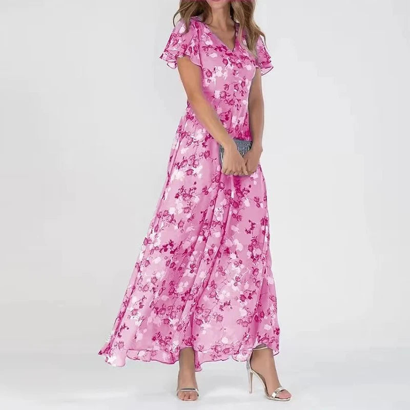 Women's Floral Midi Dress with Short Sleeves in Soft Cotton Blend | Perfect for Garden Parties, Summer Weddings, Afternoon Tea | Koossa