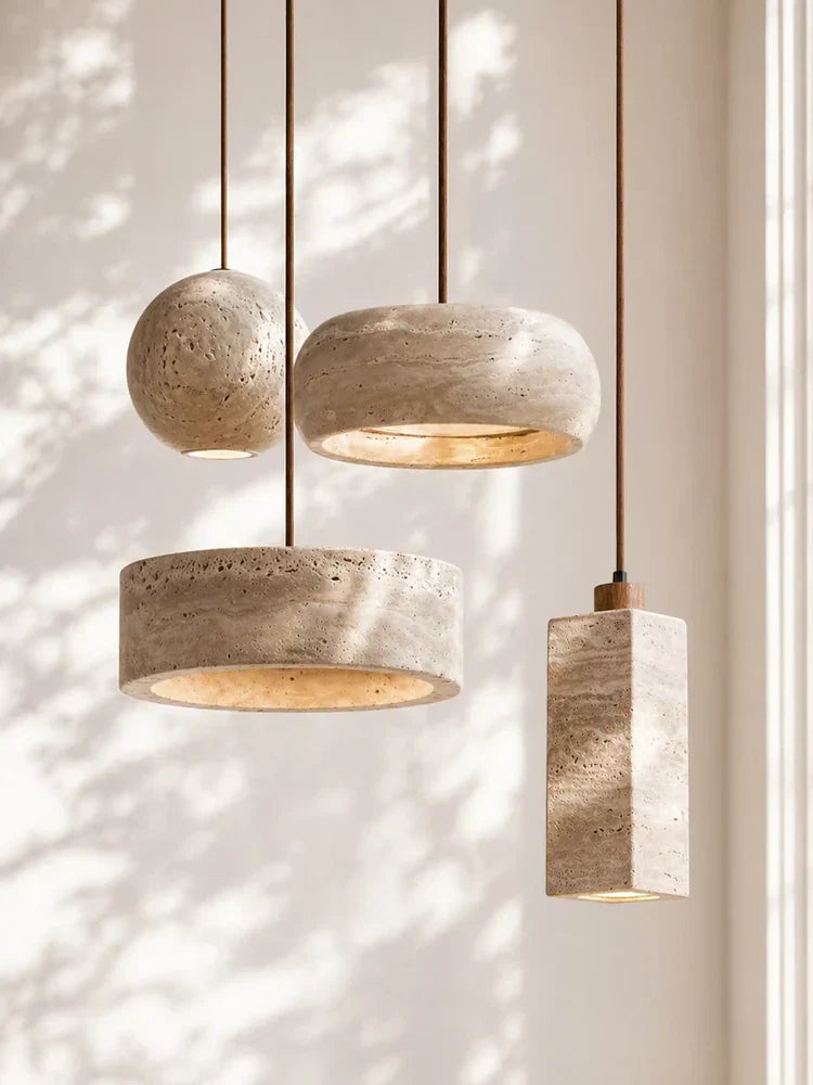 Suspension en Travertine Crème Naturel Style Wabi Sabi pour Salle à Manger Chambre Éclairage Doux Minimaliste | Koossa