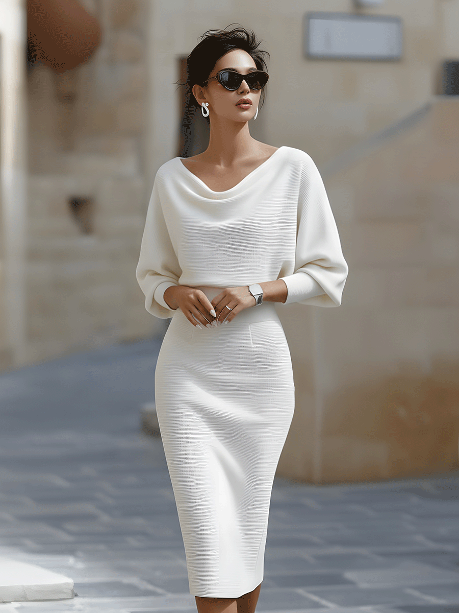 Women's Round Neck Midi Dress with Batwing Sleeves in Navy, White, Beige, Black, Green & Grey — Flowing Draped Silhouette for Daywear and Special Occasions | Koossa