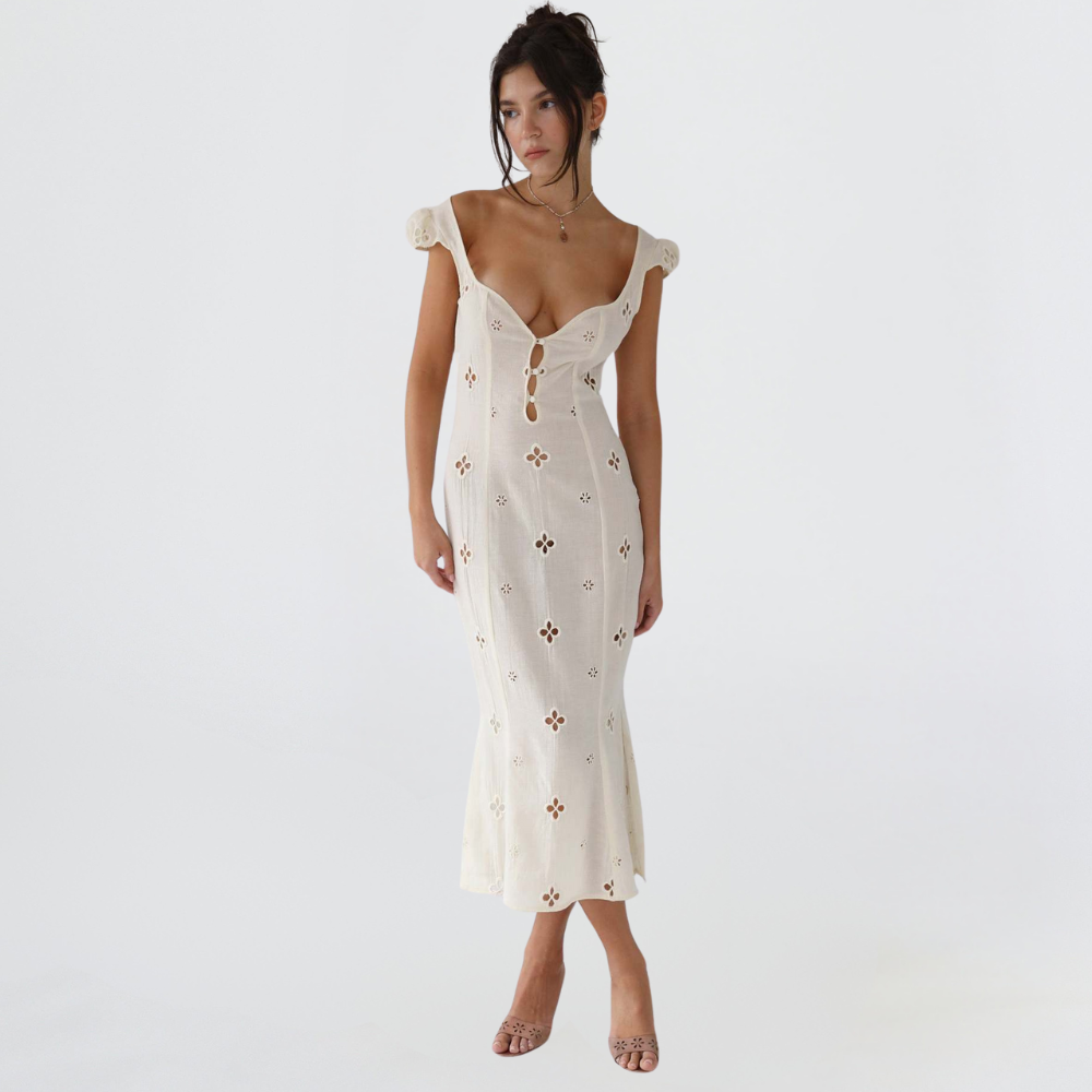 Mermaid Silhouette Wedding Gown in White with Floral Cutout Details – Fitted Bridal Dress for Special Occasions | Koossa