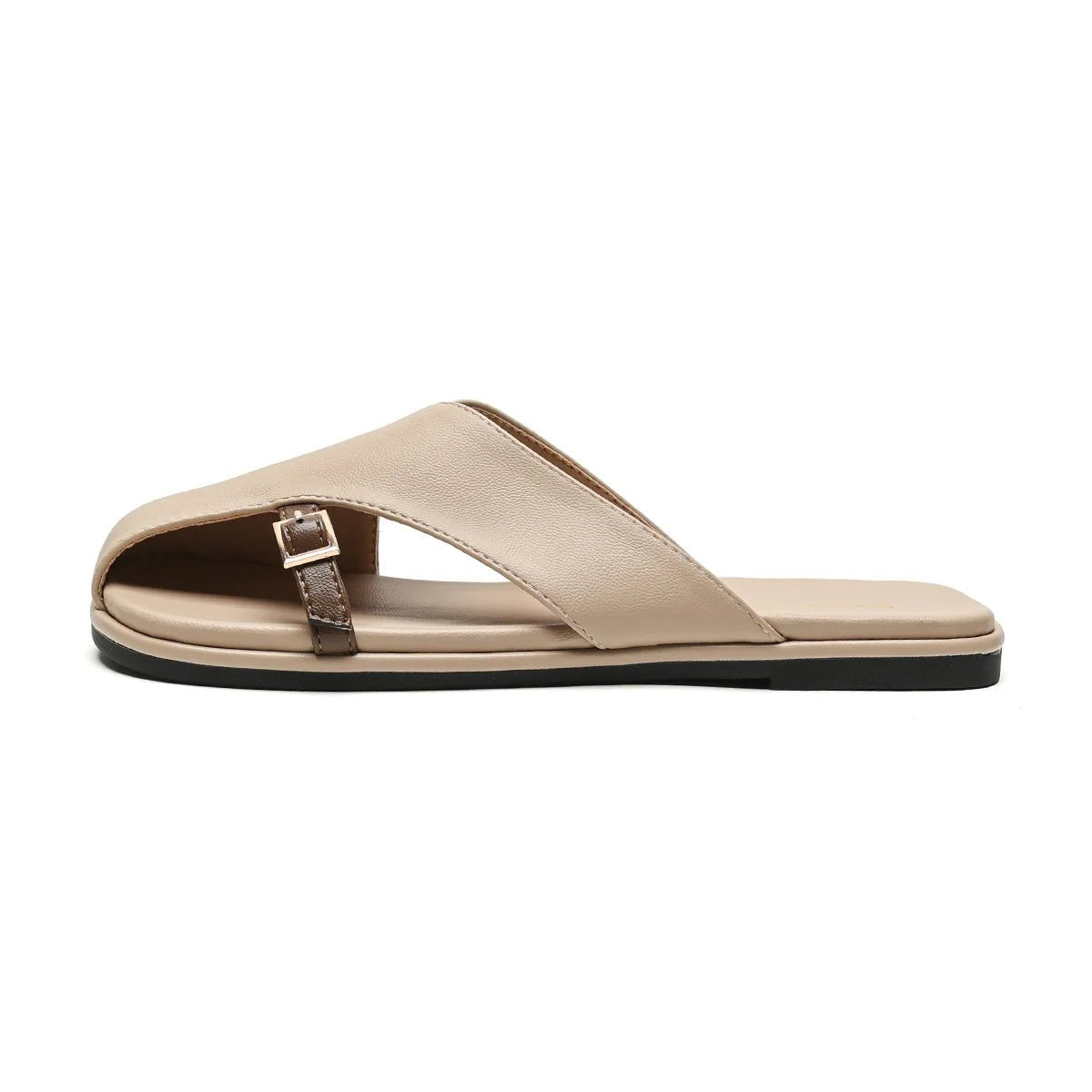 Cross-Strap Leather Sandals Square Toe Slip-On Slides Ivory Khaki Buckle Detail Cushioned Footbed Summer Footwear | Koossa