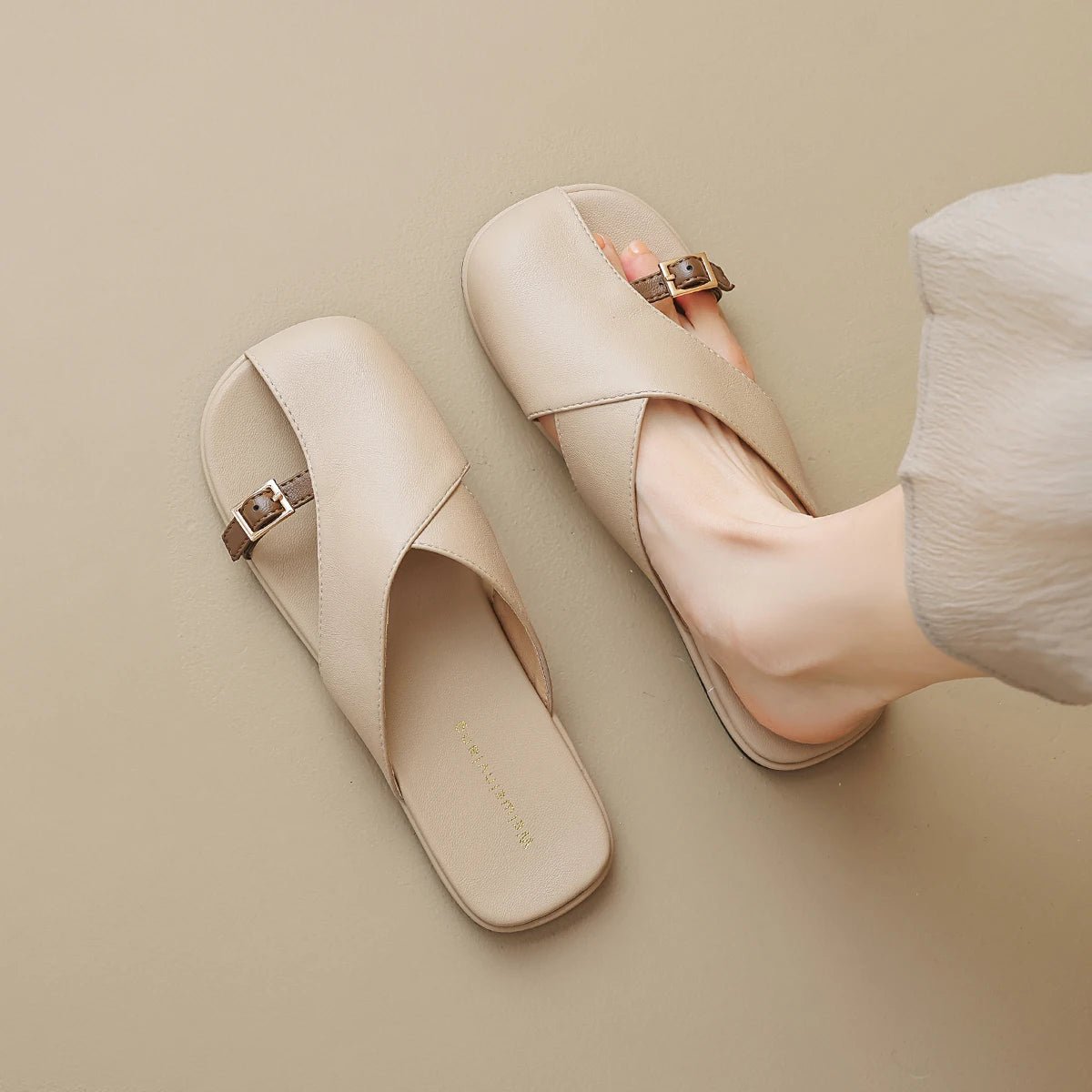 Cross-Strap Leather Sandals Square Toe Slip-On Slides Ivory Khaki Buckle Detail Cushioned Footbed Summer Footwear | Koossa