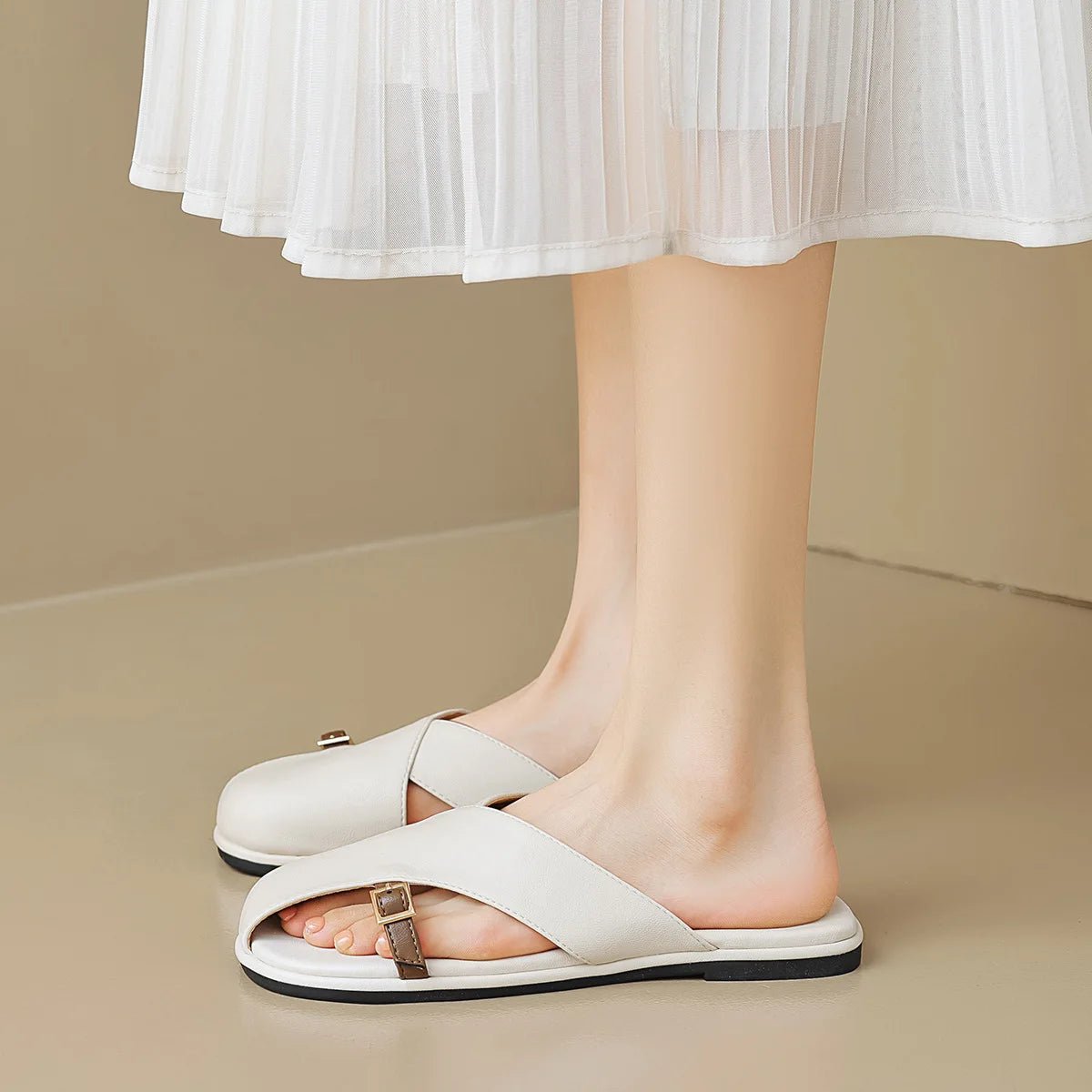 Cross-Strap Leather Sandals Square Toe Slip-On Slides Ivory Khaki Buckle Detail Cushioned Footbed Summer Footwear | Koossa