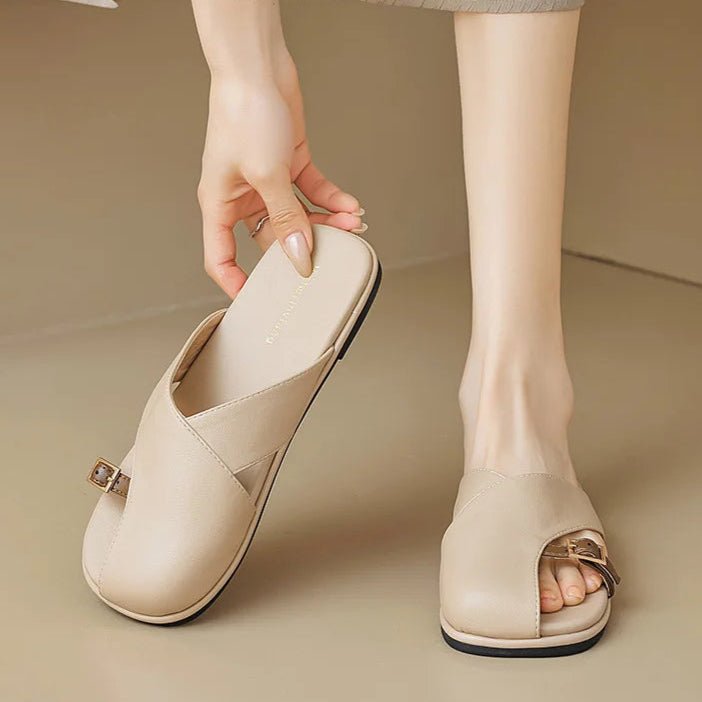 Cross-Strap Leather Sandals Square Toe Slip-On Slides Ivory Khaki Buckle Detail Cushioned Footbed Summer Footwear | Koossa