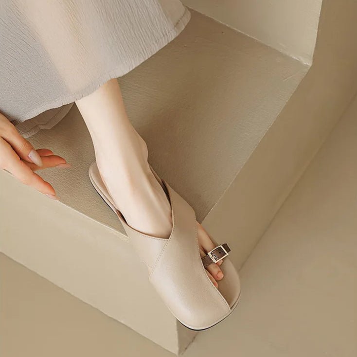 Cross-Strap Leather Sandals Square Toe Slip-On Slides Ivory Khaki Buckle Detail Cushioned Footbed Summer Footwear | Koossa