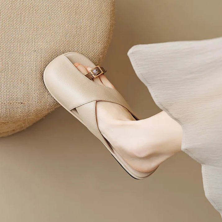 Cross-Strap Leather Sandals Square Toe Slip-On Slides Ivory Khaki Buckle Detail Cushioned Footbed Summer Footwear | Koossa