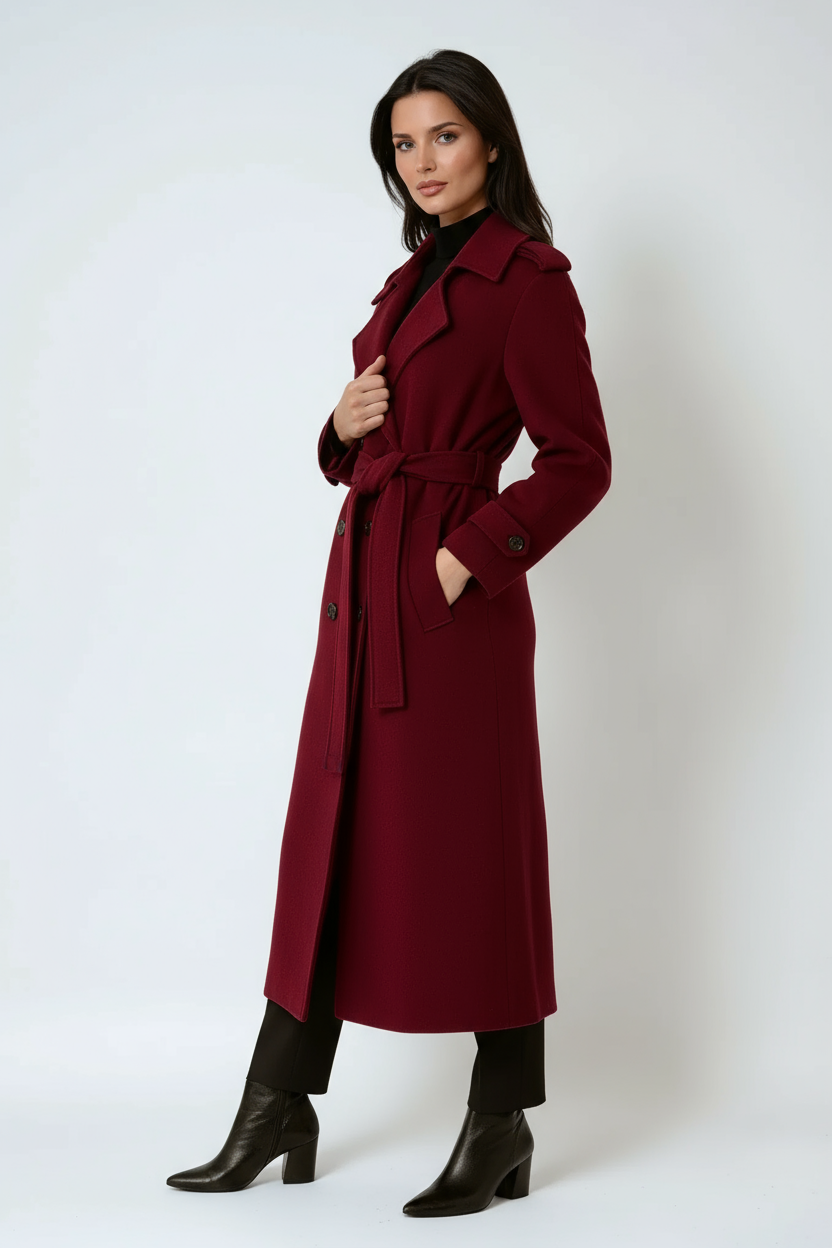 Red Wool Trench Coat for Women | Long Double Breasted with Belt | Structured Outerwear for Autumn Winter | Timeless Tailored Overcoat | Koossa