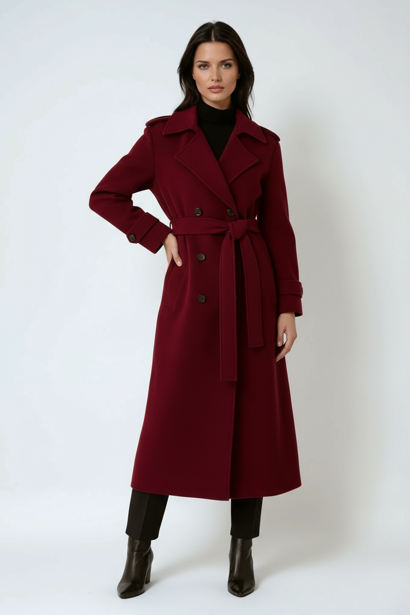 Red Wool Trench Coat for Women | Long Double Breasted with Belt | Structured Outerwear for Autumn Winter | Timeless Tailored Overcoat | Koossa