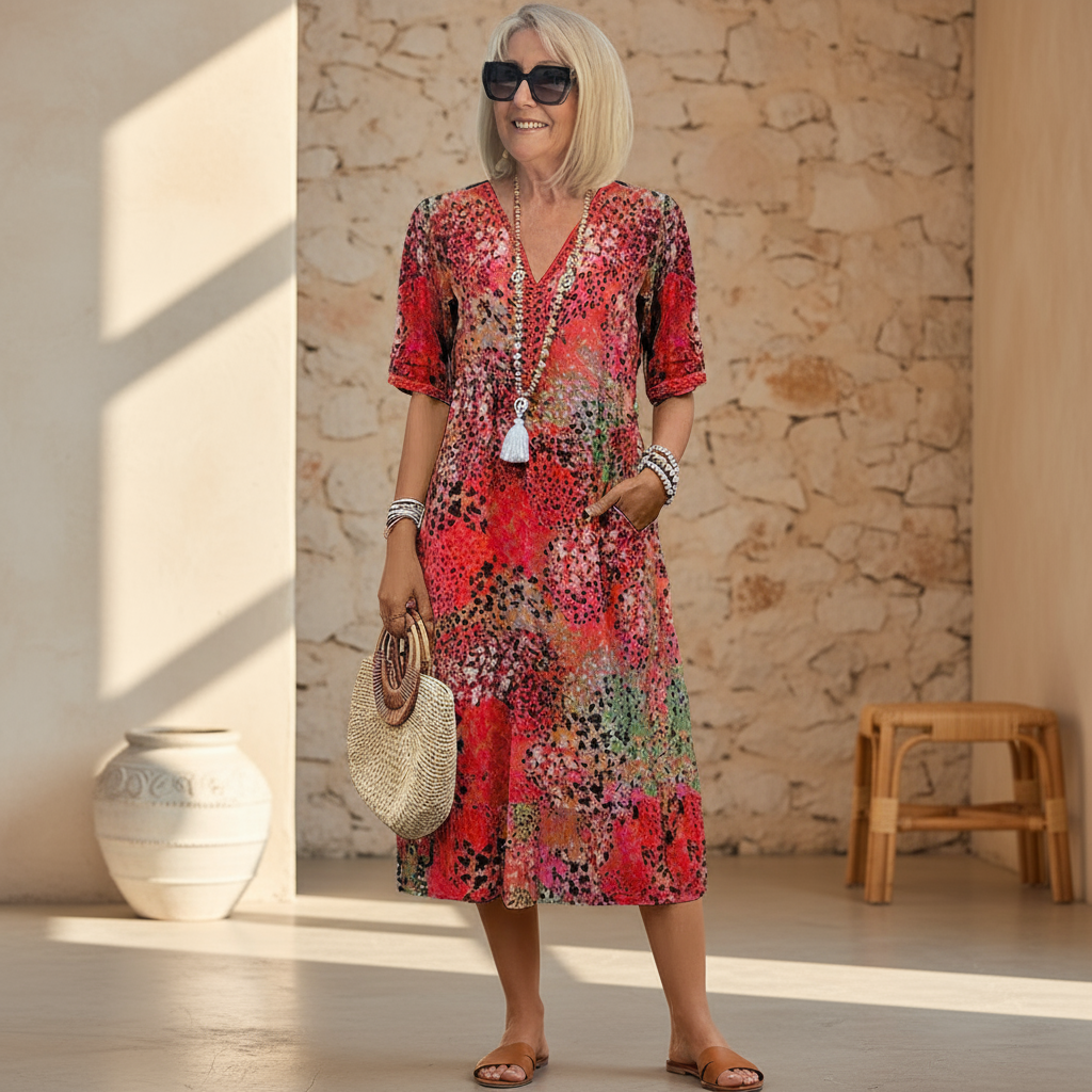 Vibrant Patterned Midi Dress in Flowing Silhouette for Women | Elegant Statement Dress with Graceful Movement and Bold Character | Koossa