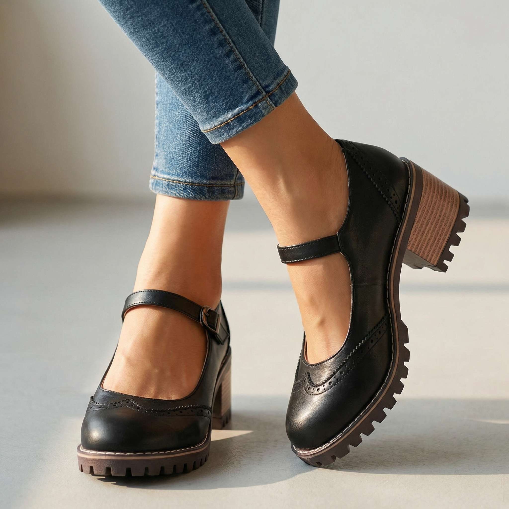 T-Strap Closed Toe Block Heels in Premium Leather with Cushioned Footbed and Supportive Arch for All-Day Comfort | Koossa