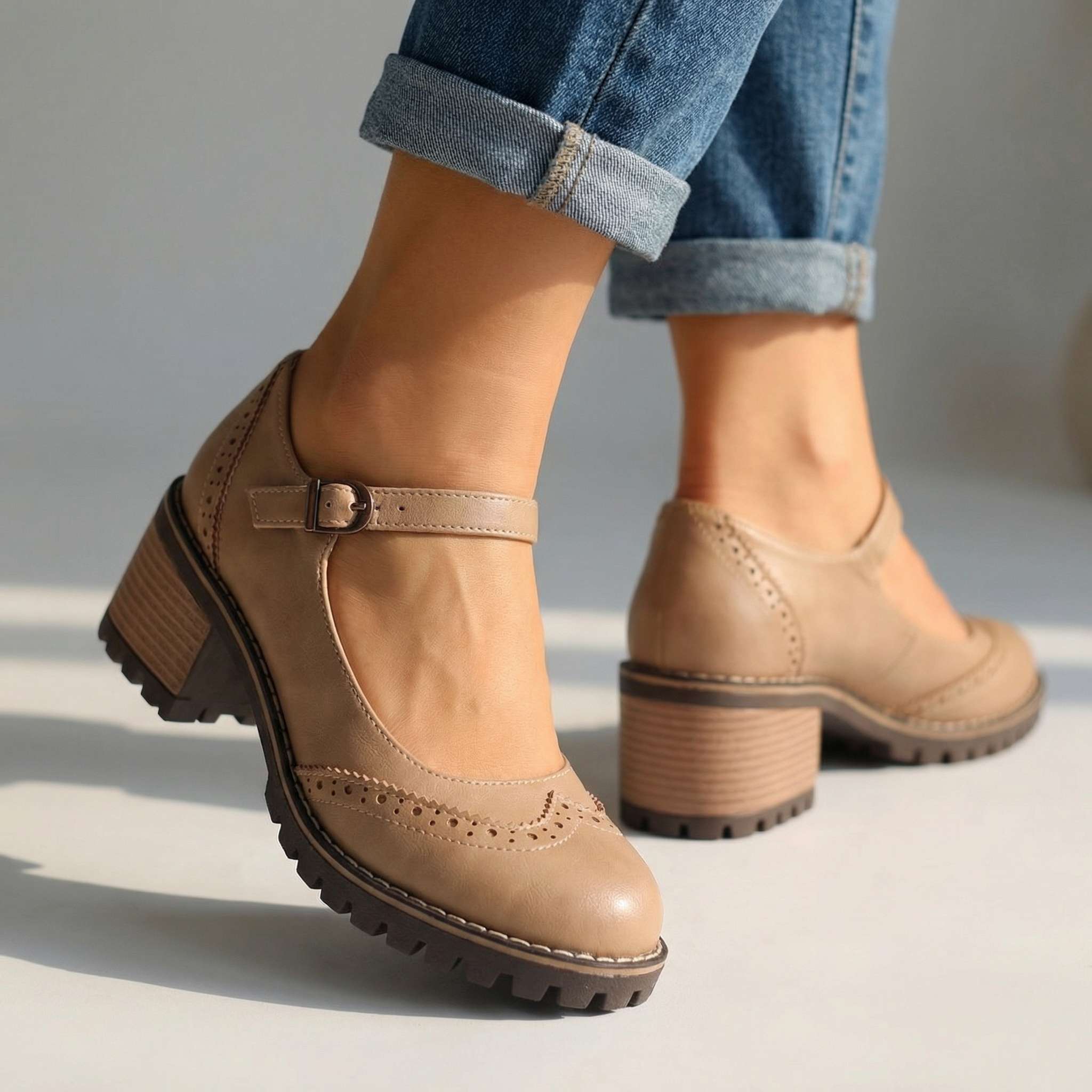 T-Strap Closed Toe Block Heels in Premium Leather with Cushioned Footbed and Supportive Arch for All-Day Comfort | Koossa