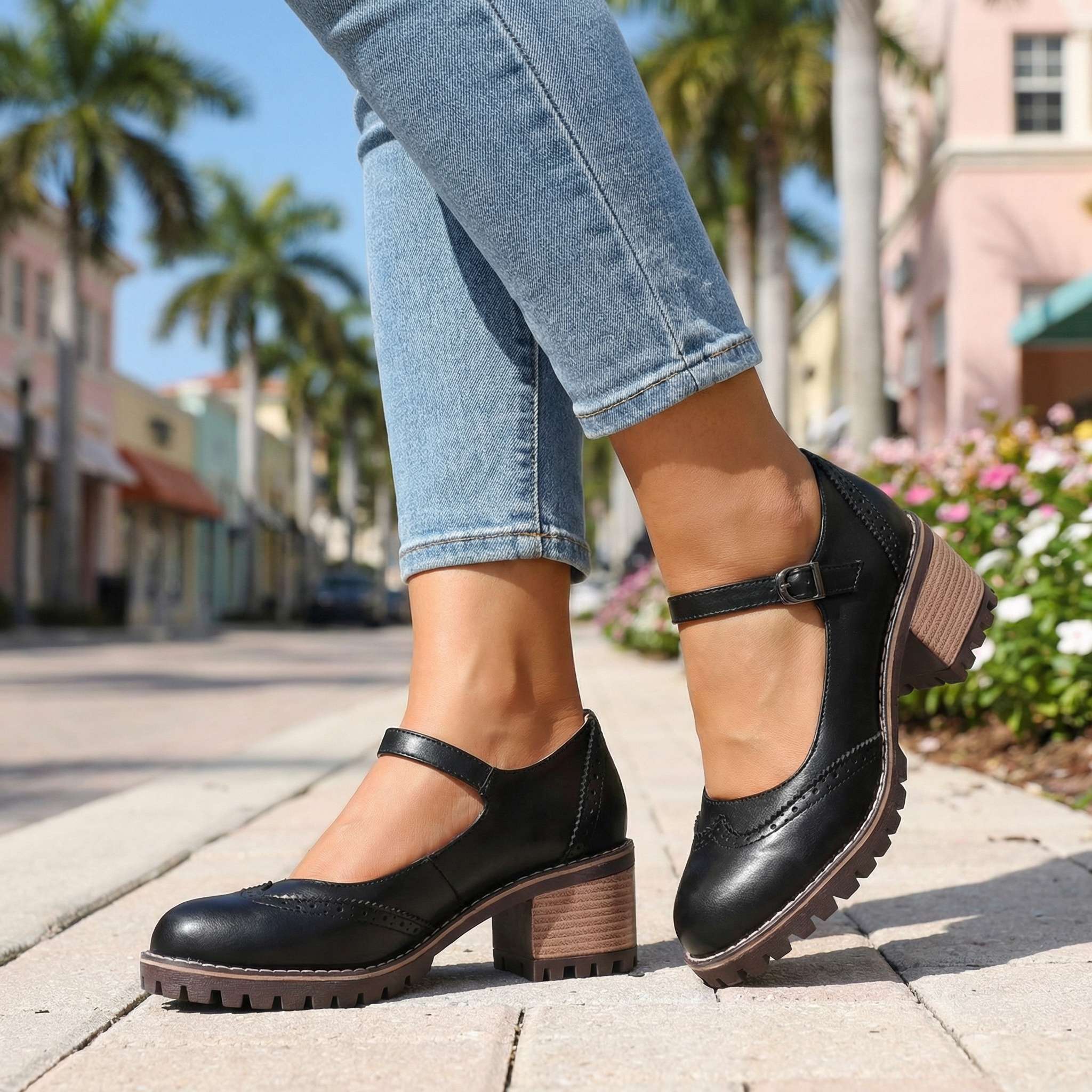 T-Strap Closed Toe Block Heels in Premium Leather with Cushioned Footbed and Supportive Arch for All-Day Comfort | Koossa
