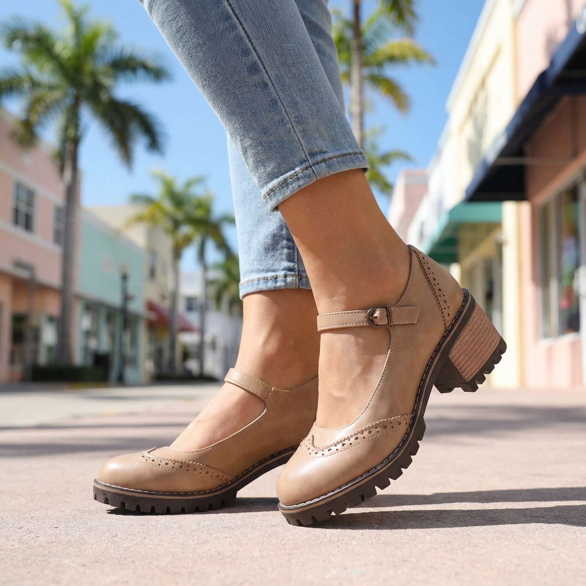 T-Strap Closed Toe Block Heels in Premium Leather with Cushioned Footbed and Supportive Arch for All-Day Comfort | Koossa