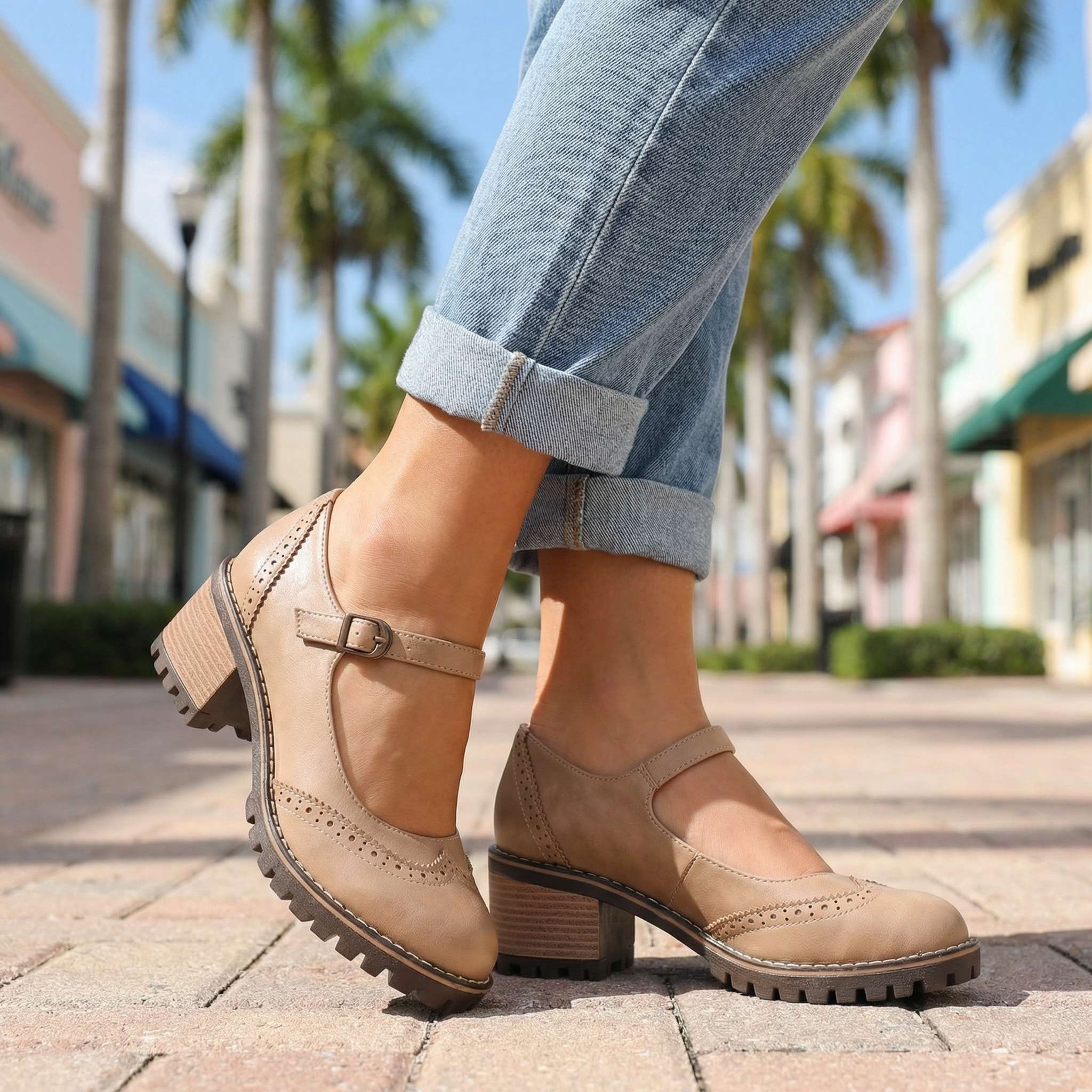 T-Strap Closed Toe Block Heels in Premium Leather with Cushioned Footbed and Supportive Arch for All-Day Comfort | Koossa