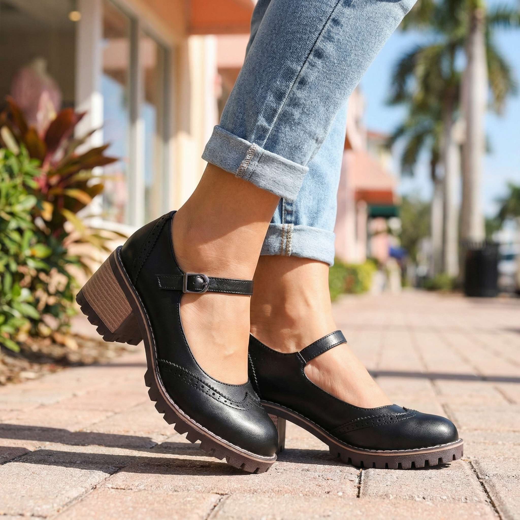 T-Strap Closed Toe Block Heels in Premium Leather with Cushioned Footbed and Supportive Arch for All-Day Comfort | Koossa