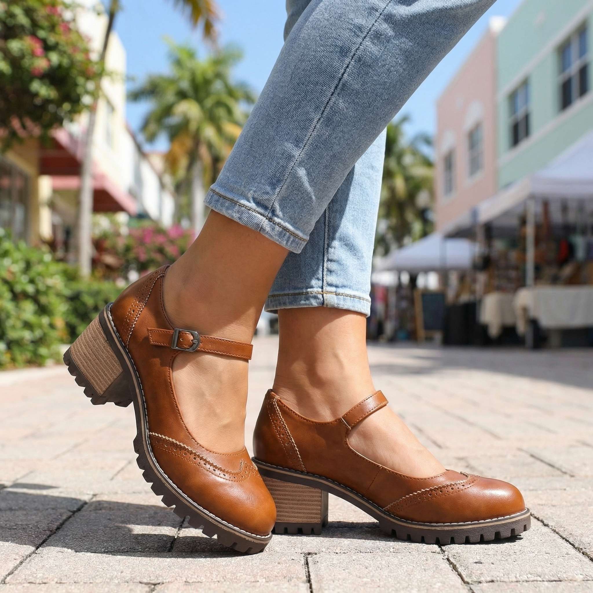 T-Strap Closed Toe Block Heels in Premium Leather with Cushioned Footbed and Supportive Arch for All-Day Comfort | Koossa
