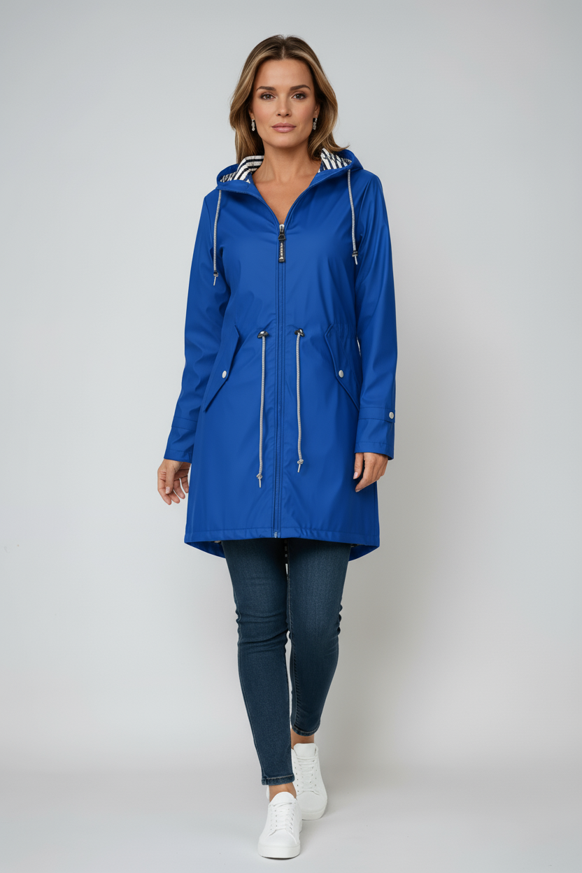 Women's Longline Hooded Waterproof Raincoat with Adjustable Waist and Flap Pockets | Koossa