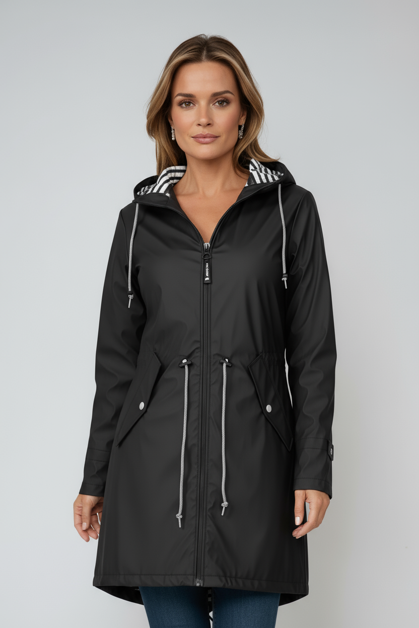 Women's Longline Hooded Waterproof Raincoat with Adjustable Waist and Flap Pockets | Koossa