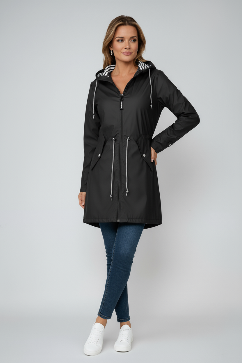 Women's Longline Hooded Waterproof Raincoat with Adjustable Waist and Flap Pockets | Koossa